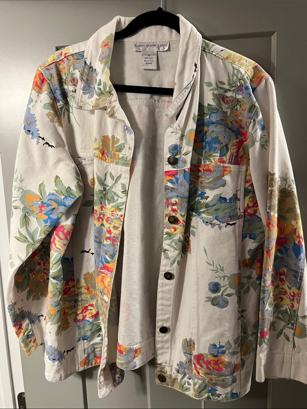 Susan Graver Cream Floral Button-Front Jean Jacket